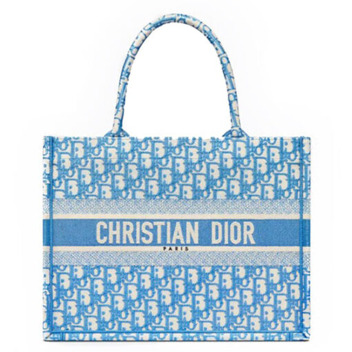 Dior Medium Book Tote Handbag in Cornflower Blue Dior Oblique Embroidery